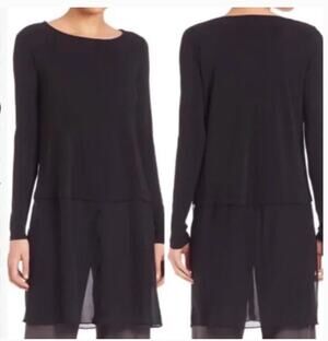 NEW Eileen Fisher black ballet neck 100% silk tunic length sheer bottom top 1X